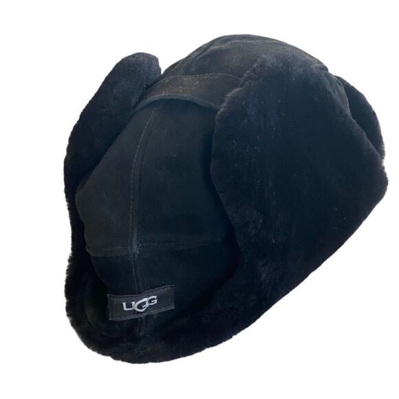 UGG black leather suede sheepskin trapper fur hat